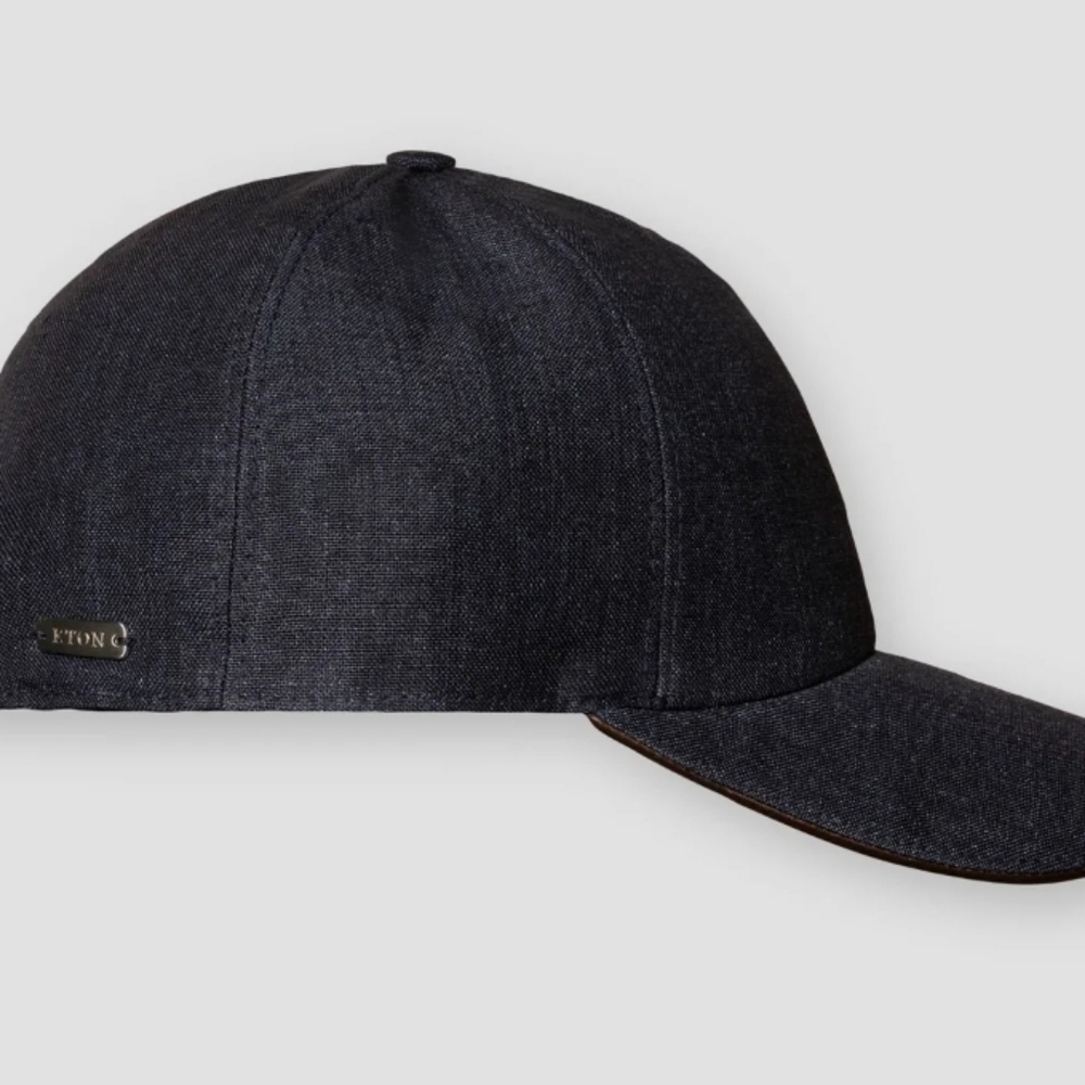 Eton Linen Navy Blue Baseball Cap with Brown Leather Trim - Small
